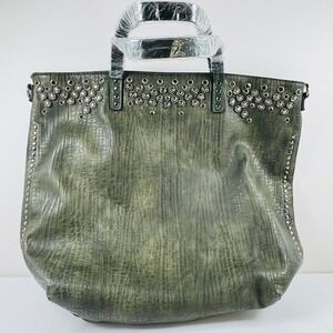 Unique Large Olive Green Distressed Faux Leather Studded Tote Crossbody BOHO
